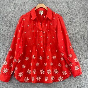 Fig & Flower Top Womens Large Red Eyelet Lace Floral Embroidered 1/2 Button Up